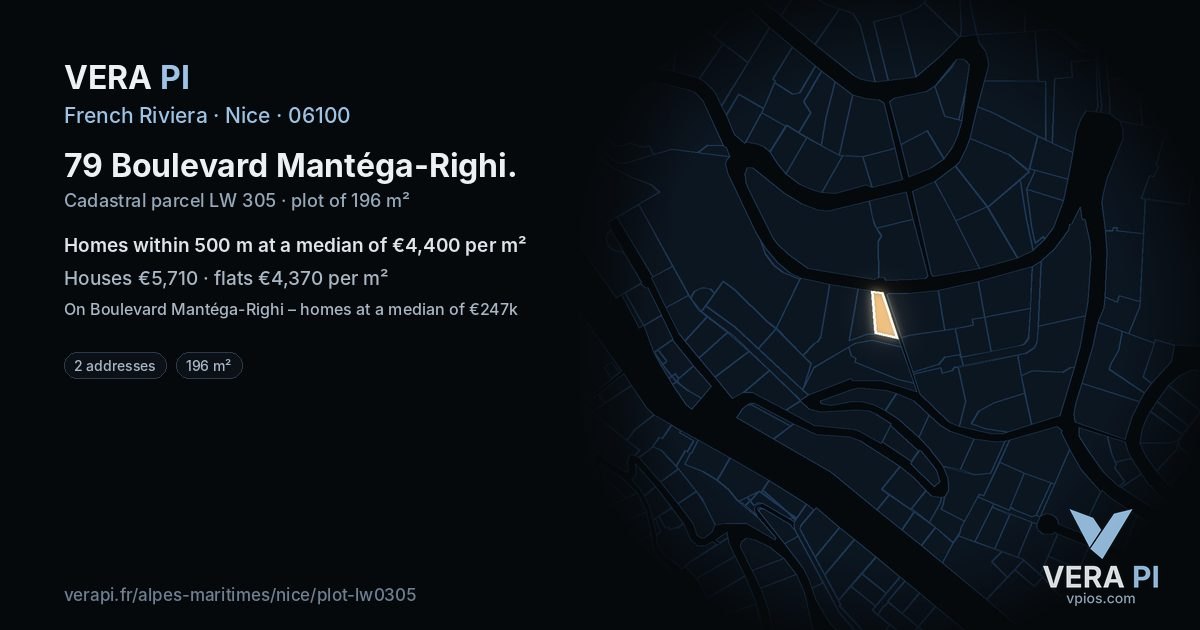 79 Boulevard Mantéga-Righi, Nice at night – the plot lit, the parcels around coloured by the prices near them
