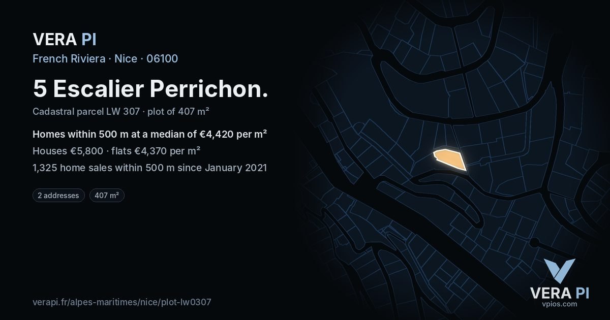 5 Escalier Perrichon, Nice at night – the plot lit, the parcels around coloured by the prices near them