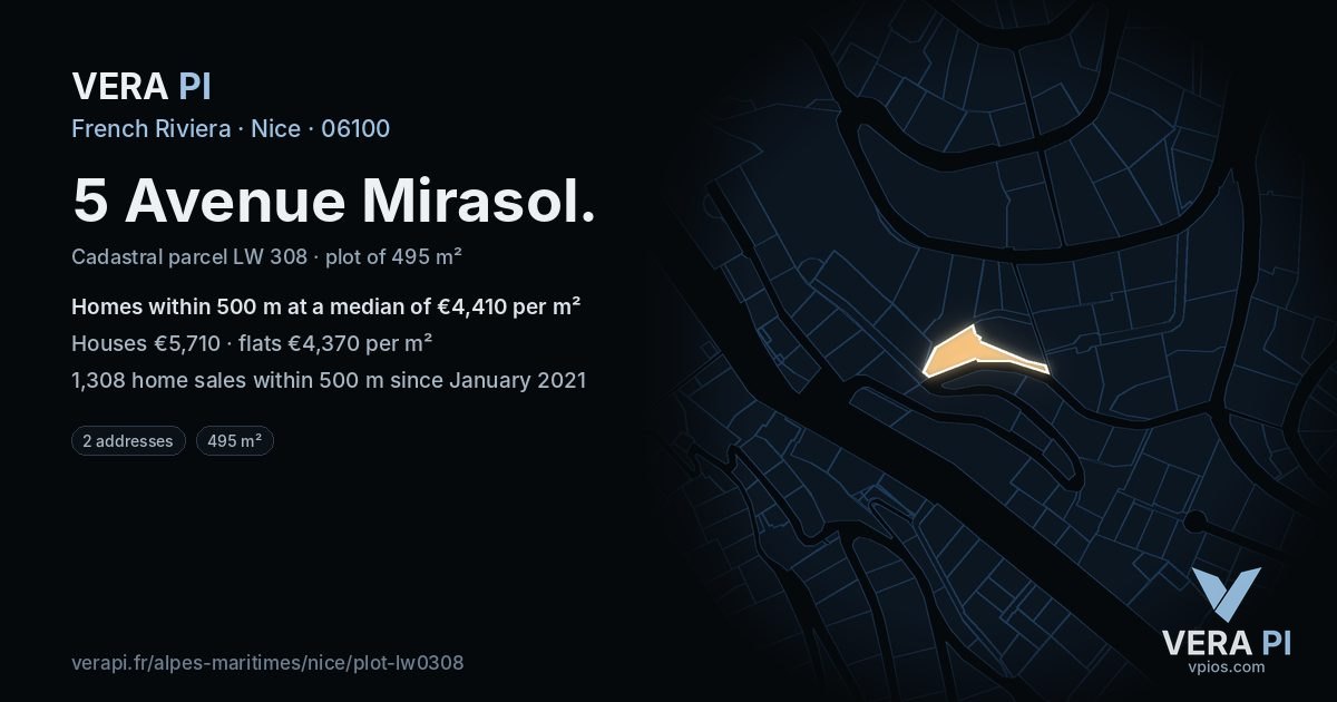 5 Avenue Mirasol, Nice at night – the plot lit, the parcels around coloured by the prices near them