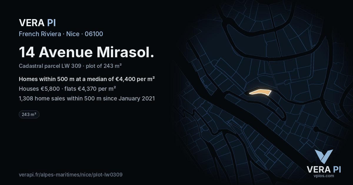 14 Avenue Mirasol, Nice at night – the plot lit, the parcels around coloured by the prices near them