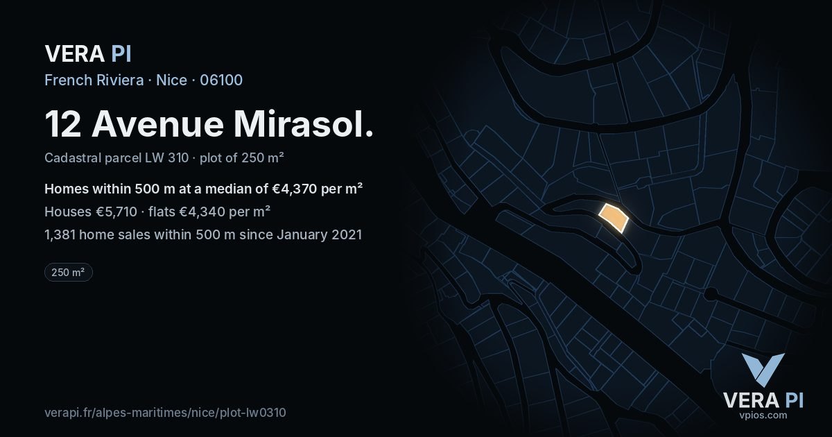 12 Avenue Mirasol, Nice at night – the plot lit, the parcels around coloured by the prices near them