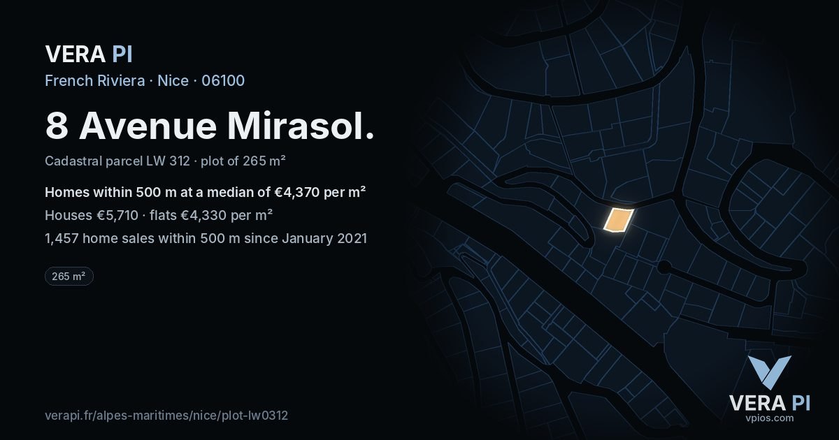 8 Avenue Mirasol, Nice at night – the plot lit, the parcels around coloured by the prices near them