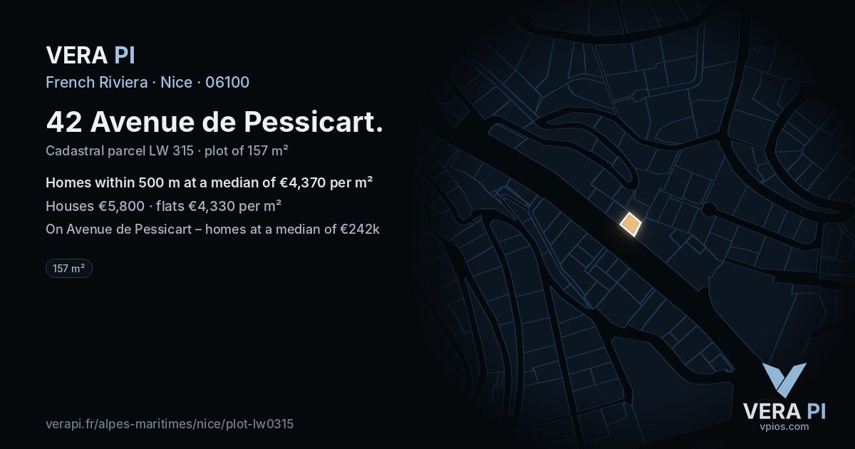 42 Avenue de Pessicart, Nice at night – the plot lit, the parcels around coloured by the prices near them