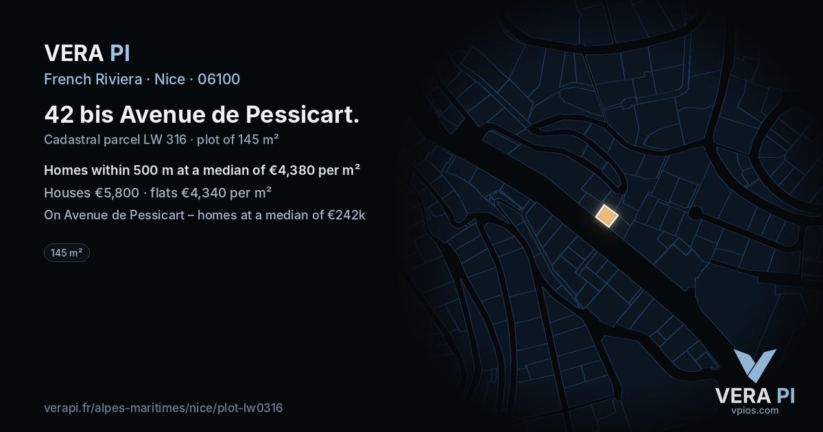 42 bis Avenue de Pessicart, Nice at night – the plot lit, the parcels around coloured by the prices near them