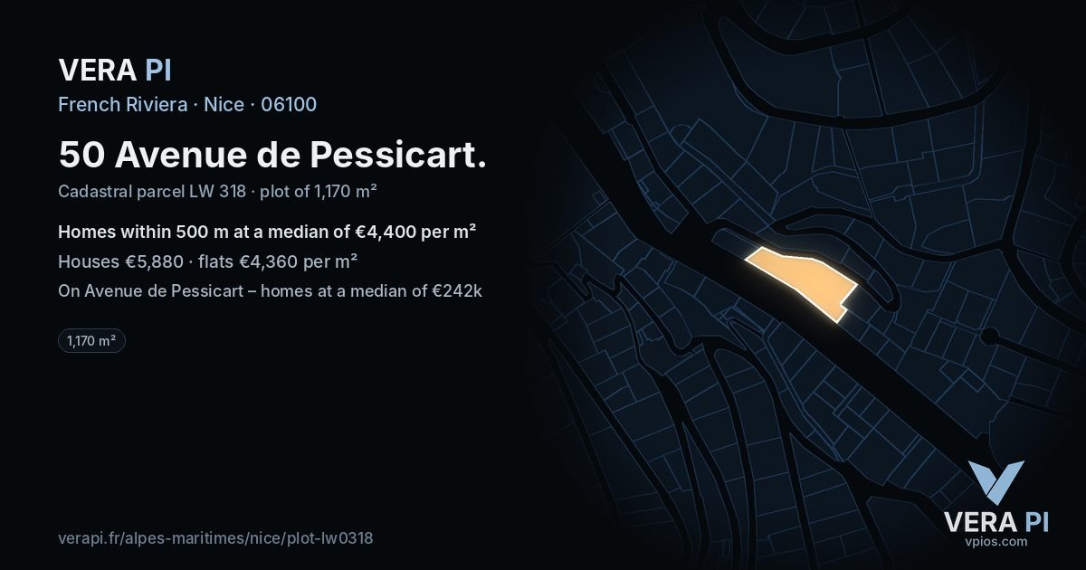 50 Avenue de Pessicart, Nice at night – the plot lit, the parcels around coloured by the prices near them
