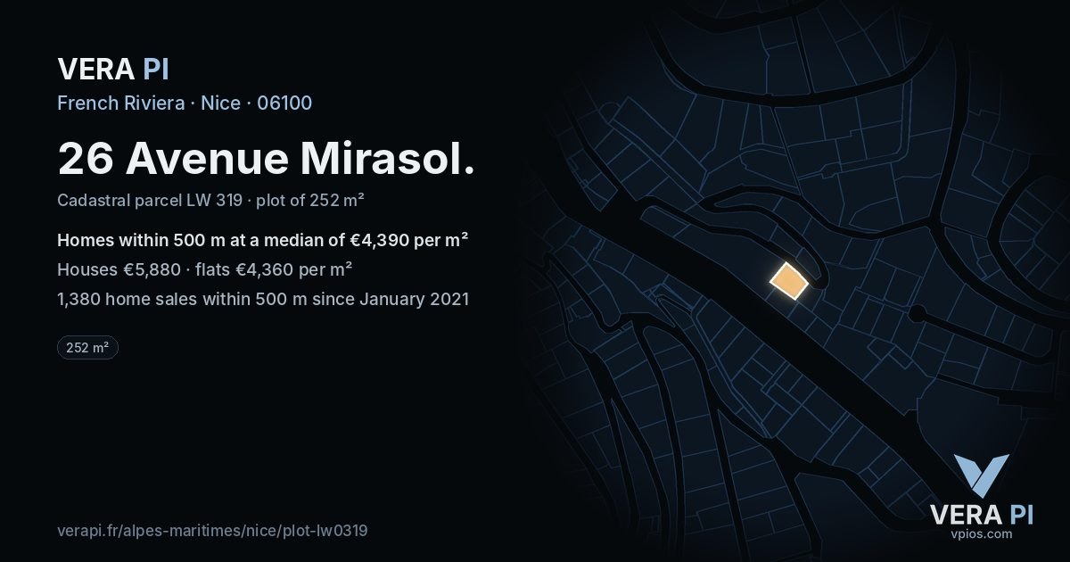 26 Avenue Mirasol, Nice at night – the plot lit, the parcels around coloured by the prices near them
