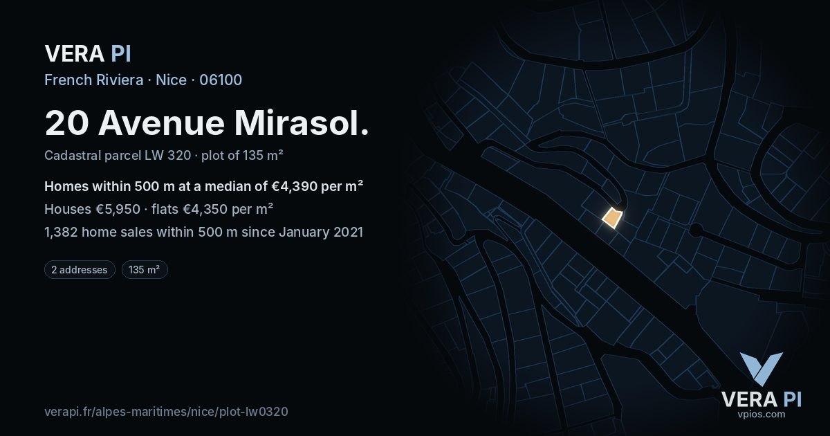20 Avenue Mirasol, Nice at night – the plot lit, the parcels around coloured by the prices near them