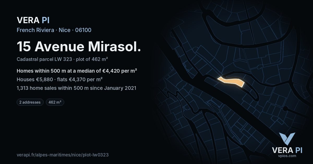 15 Avenue Mirasol, Nice at night – the plot lit, the parcels around coloured by the prices near them