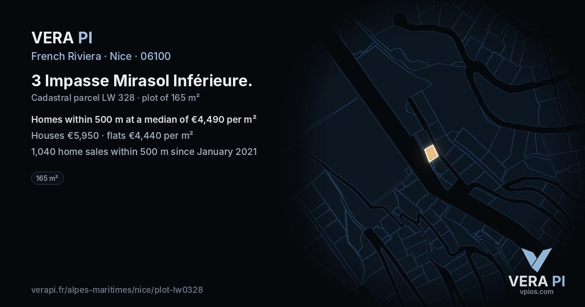 3 Impasse Mirasol Inférieure, Nice at night – the plot lit, the parcels around coloured by the prices near them