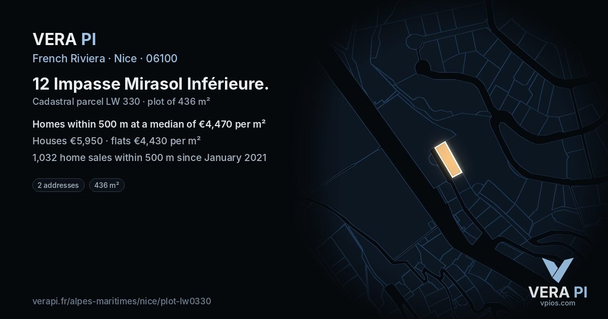 12 Impasse Mirasol Inférieure, Nice at night – the plot lit, the parcels around coloured by the prices near them