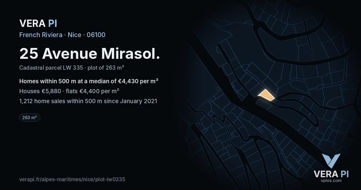 25 Avenue Mirasol, Nice at night – the plot lit, the parcels around coloured by the prices near them