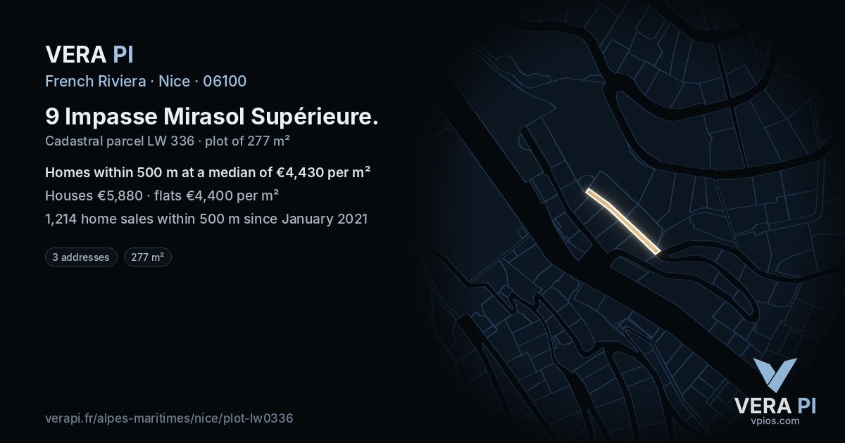 9 Impasse Mirasol Supérieure, Nice at night – the plot lit, the parcels around coloured by the prices near them