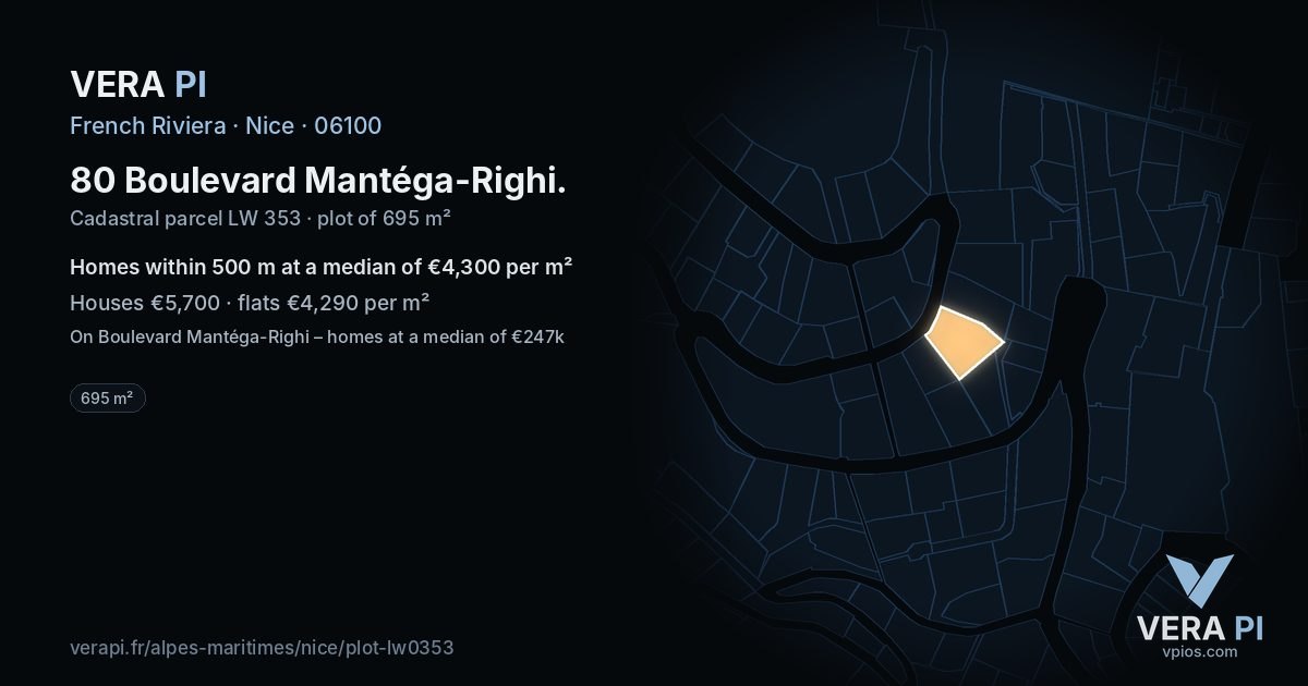 80 Boulevard Mantéga-Righi, Nice at night – the plot lit, the parcels around coloured by the prices near them