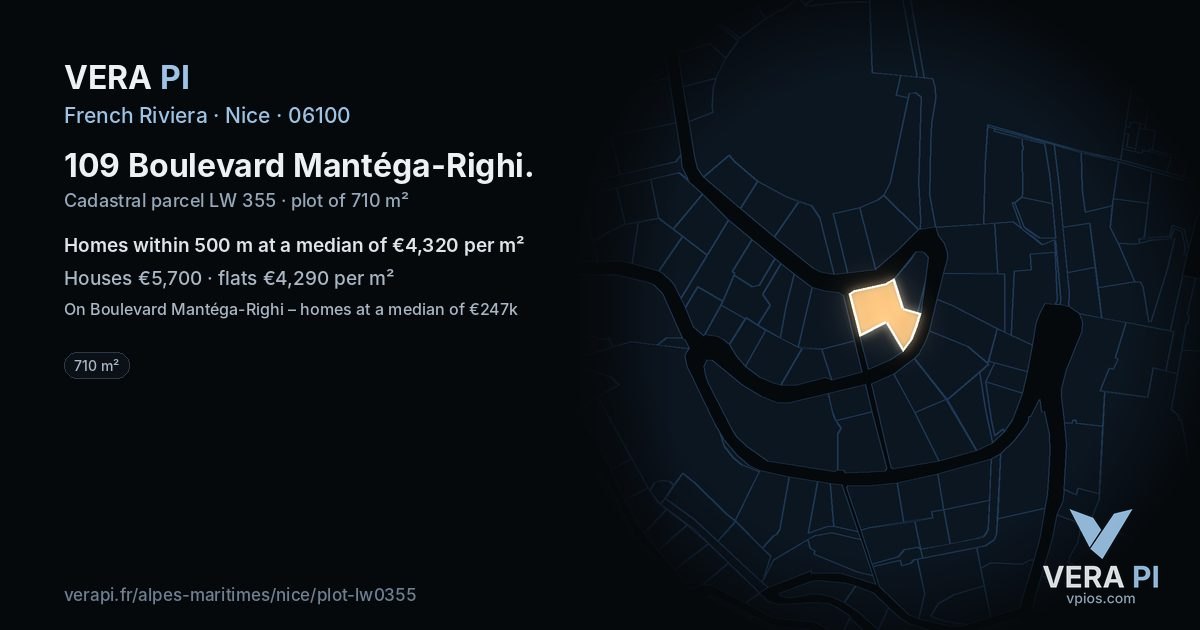 109 Boulevard Mantéga-Righi, Nice at night – the plot lit, the parcels around coloured by the prices near them