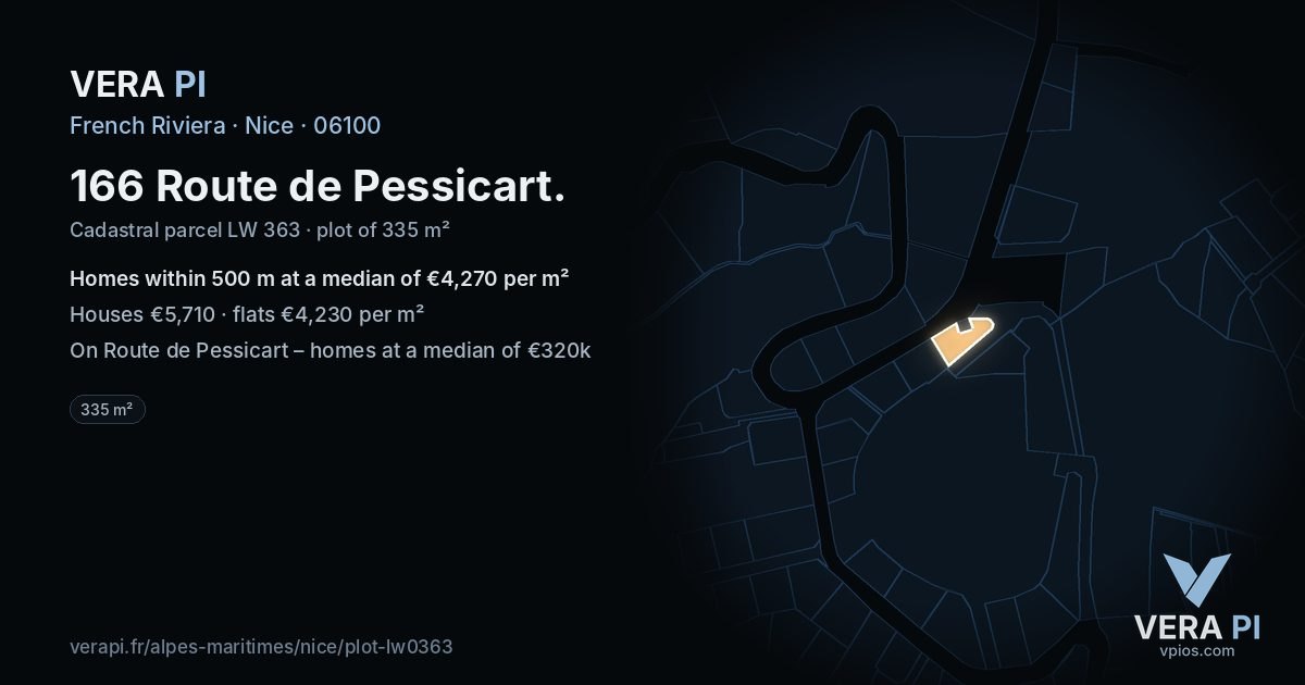 166 Route de Pessicart, Nice at night – the plot lit, the parcels around coloured by the prices near them
