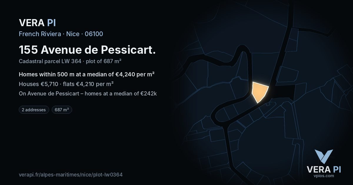 155 Avenue de Pessicart, Nice at night – the plot lit, the parcels around coloured by the prices near them