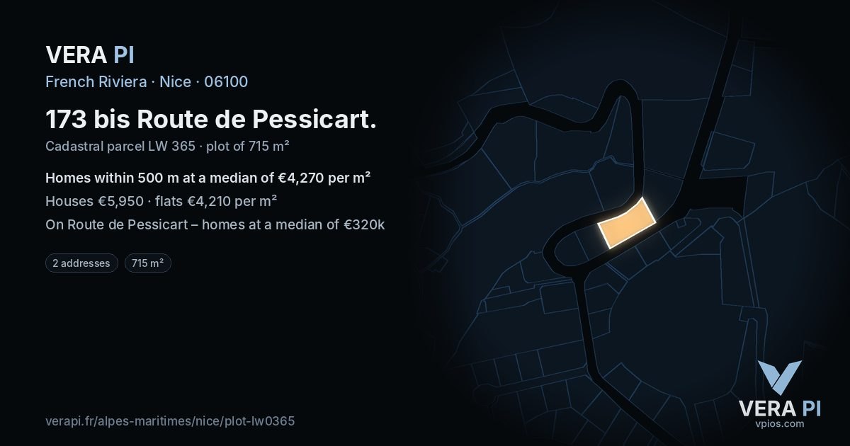 173 bis Route de Pessicart, Nice at night – the plot lit, the parcels around coloured by the prices near them