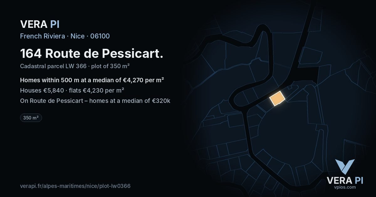 164 Route de Pessicart, Nice at night – the plot lit, the parcels around coloured by the prices near them