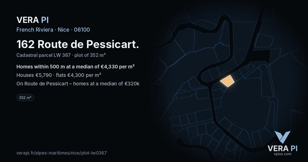 162 Route de Pessicart, Nice at night – the plot lit, the parcels around coloured by the prices near them