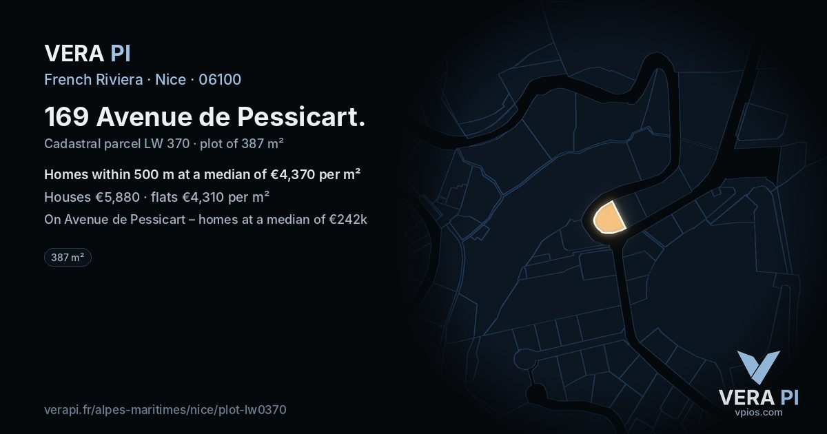 169 Avenue de Pessicart, Nice at night – the plot lit, the parcels around coloured by the prices near them