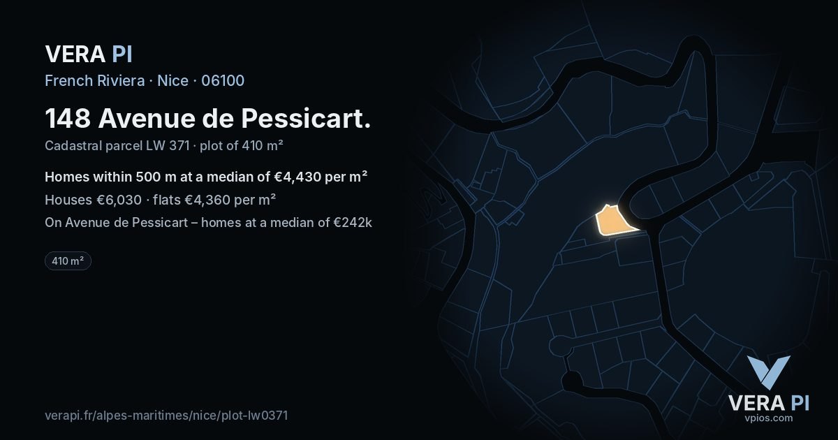 148 Avenue de Pessicart, Nice at night – the plot lit, the parcels around coloured by the prices near them