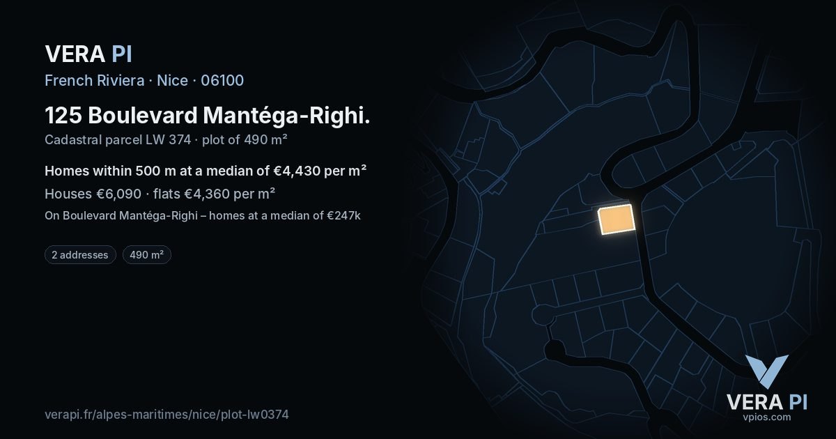 125 Boulevard Mantéga-Righi, Nice at night – the plot lit, the parcels around coloured by the prices near them