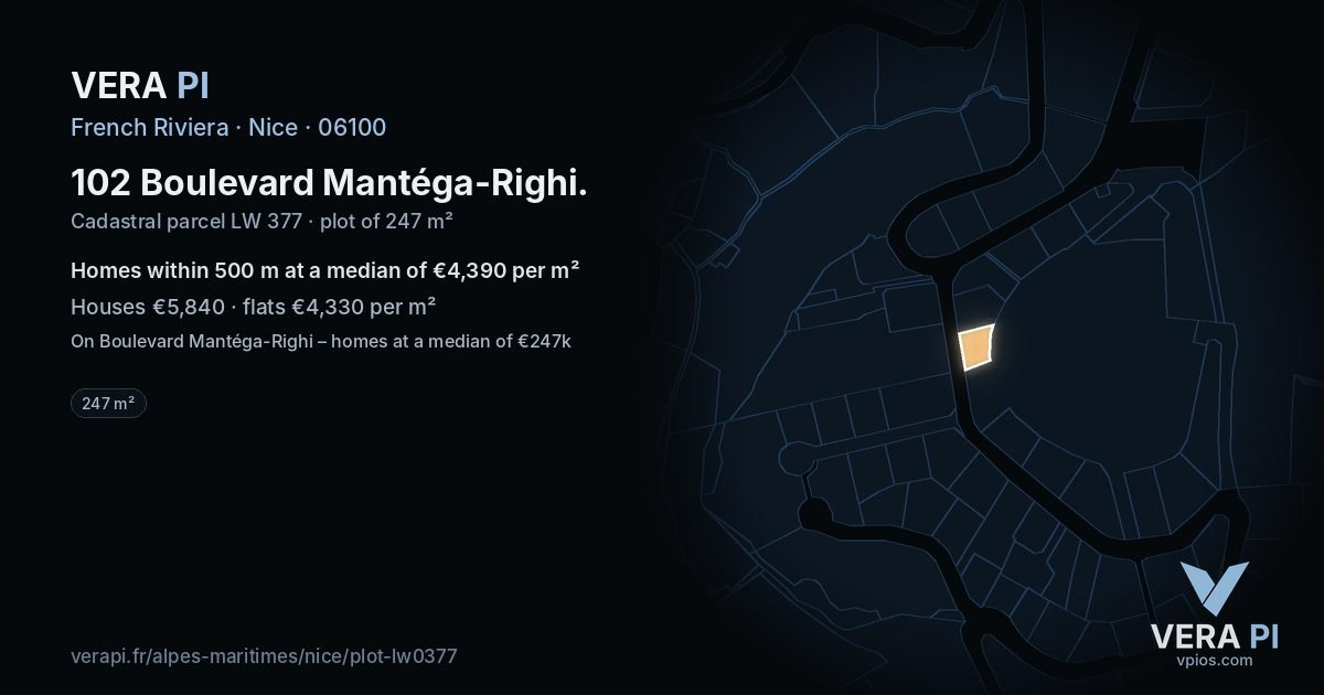 102 Boulevard Mantéga-Righi, Nice at night – the plot lit, the parcels around coloured by the prices near them