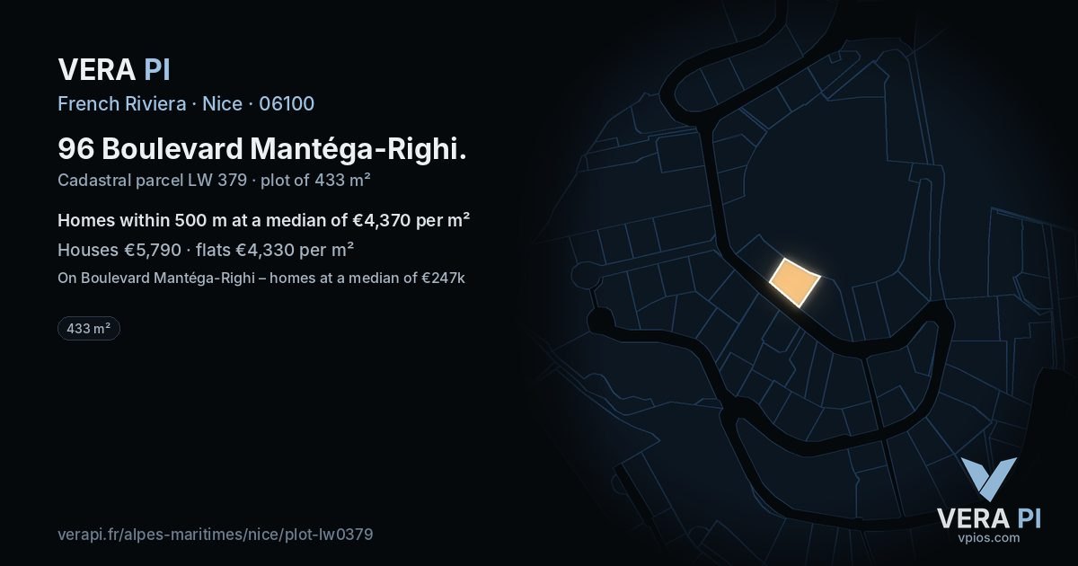 96 Boulevard Mantéga-Righi, Nice at night – the plot lit, the parcels around coloured by the prices near them