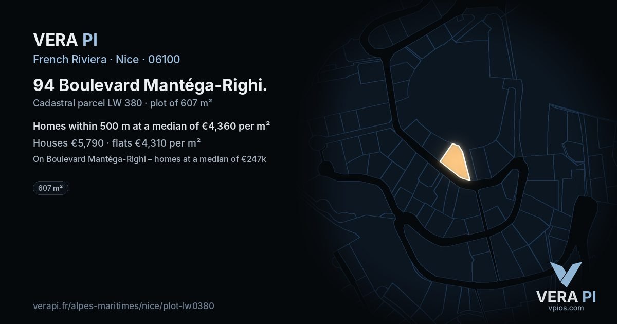 94 Boulevard Mantéga-Righi, Nice at night – the plot lit, the parcels around coloured by the prices near them