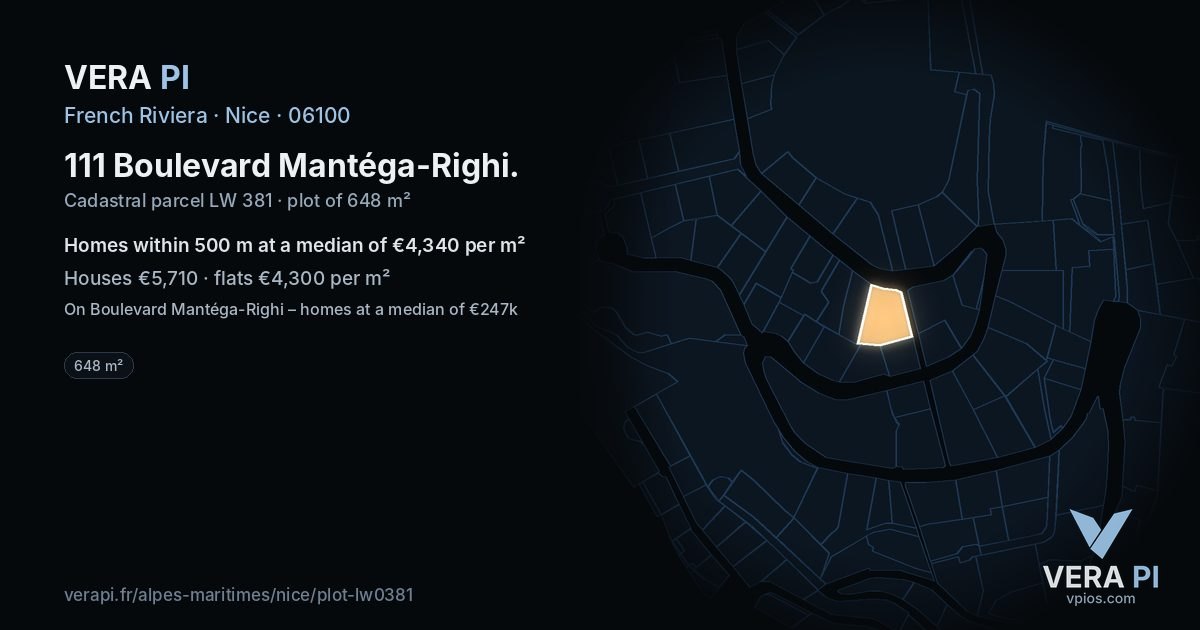 111 Boulevard Mantéga-Righi, Nice at night – the plot lit, the parcels around coloured by the prices near them
