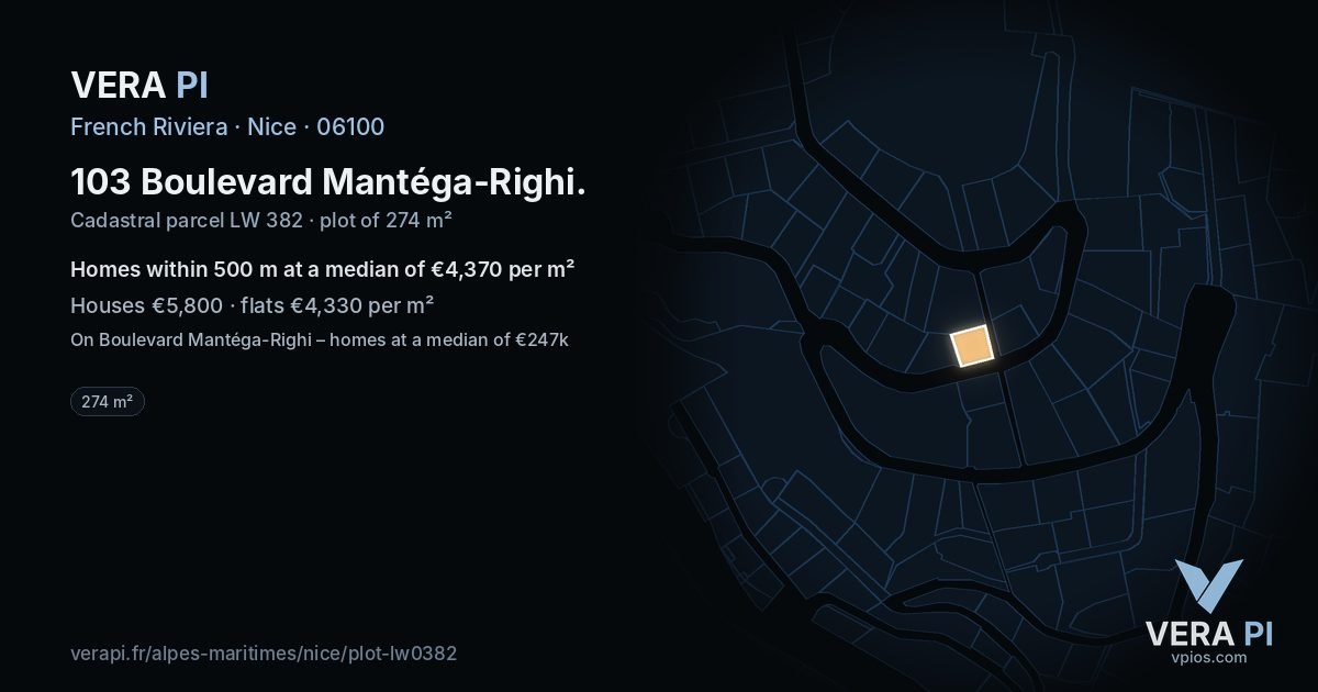 103 Boulevard Mantéga-Righi, Nice at night – the plot lit, the parcels around coloured by the prices near them