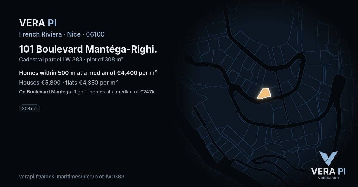 101 Boulevard Mantéga-Righi, Nice at night – the plot lit, the parcels around coloured by the prices near them