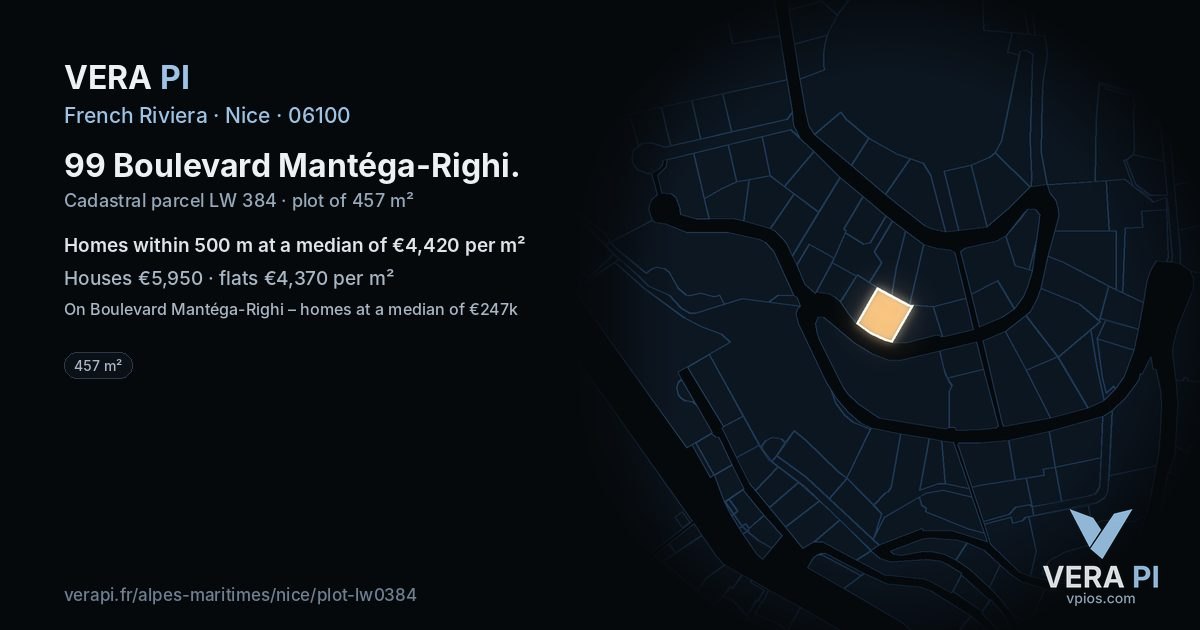 99 Boulevard Mantéga-Righi, Nice at night – the plot lit, the parcels around coloured by the prices near them