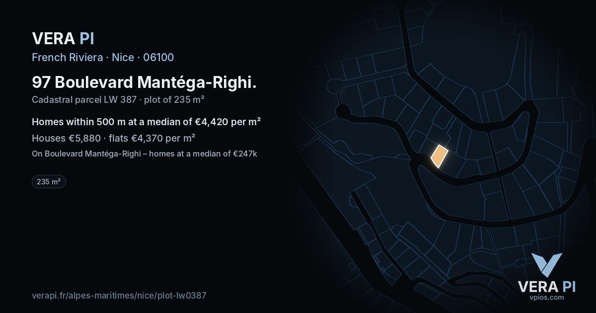 97 Boulevard Mantéga-Righi, Nice at night – the plot lit, the parcels around coloured by the prices near them