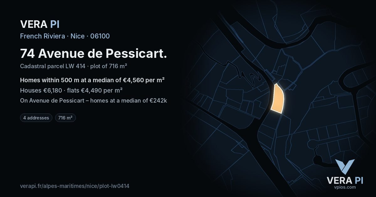 74 Avenue de Pessicart, Nice at night – the plot lit, the parcels around coloured by the prices near them