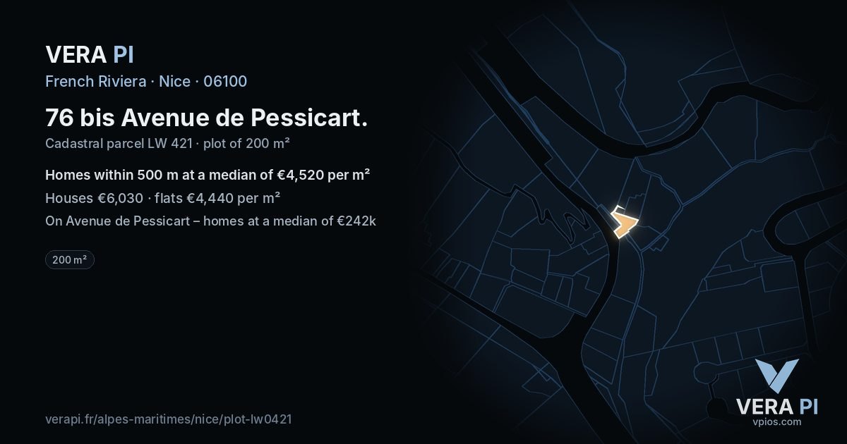76 bis Avenue de Pessicart, Nice at night – the plot lit, the parcels around coloured by the prices near them