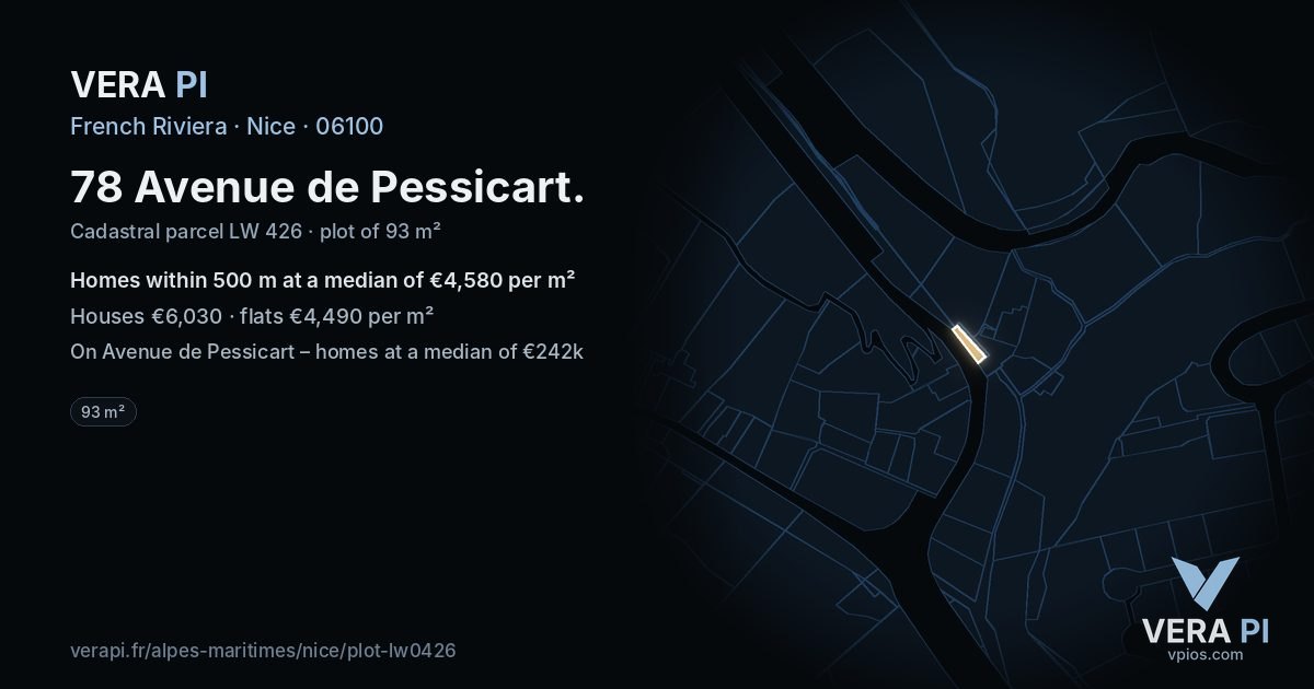 78 Avenue de Pessicart, Nice at night – the plot lit, the parcels around coloured by the prices near them