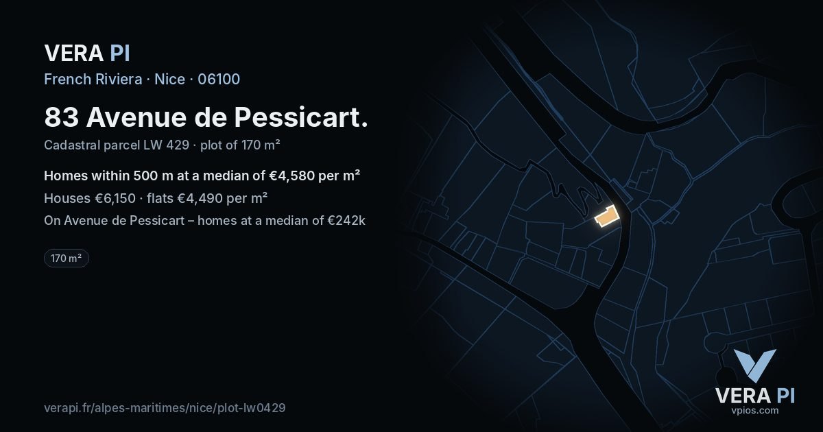 83 Avenue de Pessicart, Nice at night – the plot lit, the parcels around coloured by the prices near them