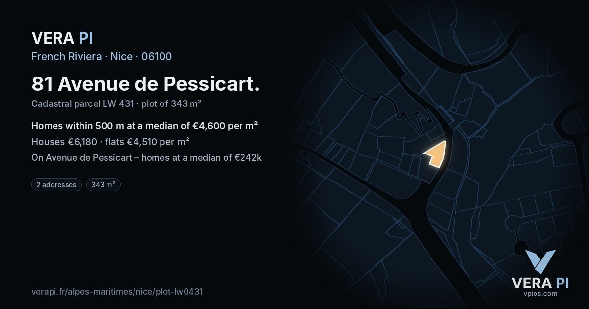 81 Avenue de Pessicart, Nice at night – the plot lit, the parcels around coloured by the prices near them