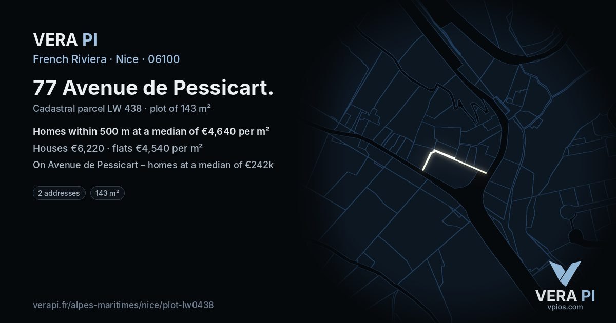 77 Avenue de Pessicart, Nice at night – the plot lit, the parcels around coloured by the prices near them