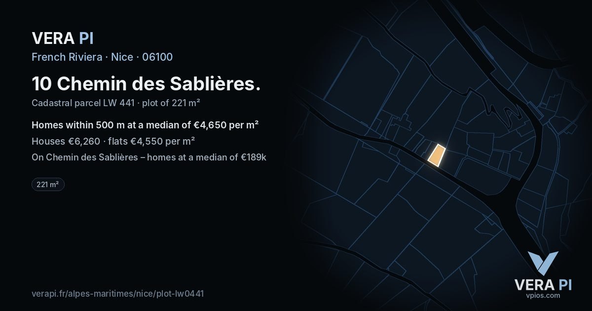 10 Chemin des Sablières, Nice at night – the plot lit, the parcels around coloured by the prices near them