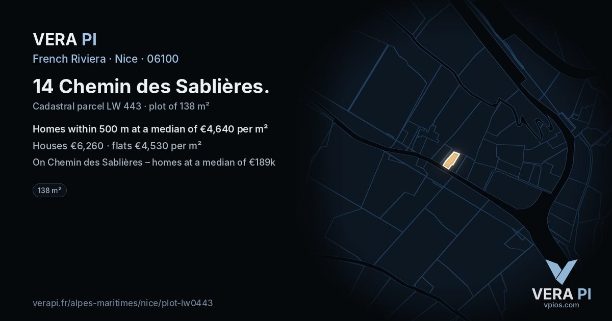 14 Chemin des Sablières, Nice at night – the plot lit, the parcels around coloured by the prices near them