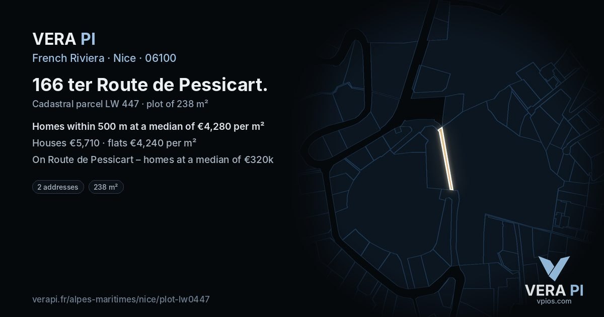 166 ter Route de Pessicart, Nice at night – the plot lit, the parcels around coloured by the prices near them