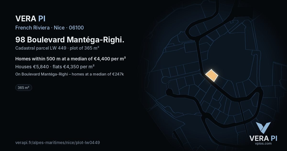98 Boulevard Mantéga-Righi, Nice at night – the plot lit, the parcels around coloured by the prices near them