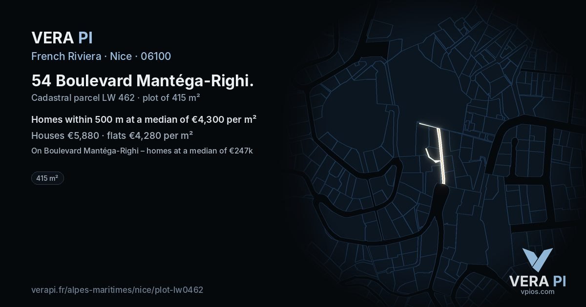 54 Boulevard Mantéga-Righi, Nice at night – the plot lit, the parcels around coloured by the prices near them