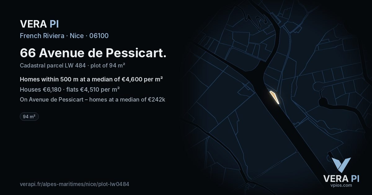 66 Avenue de Pessicart, Nice at night – the plot lit, the parcels around coloured by the prices near them