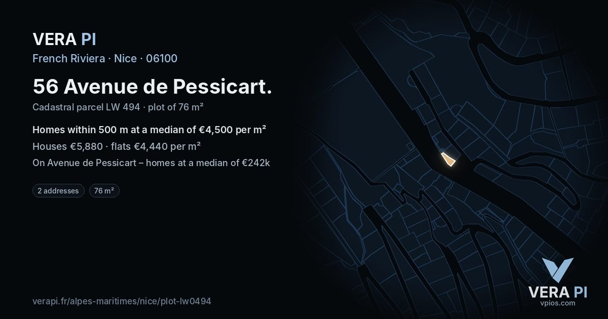 56 Avenue de Pessicart, Nice at night – the plot lit, the parcels around coloured by the prices near them