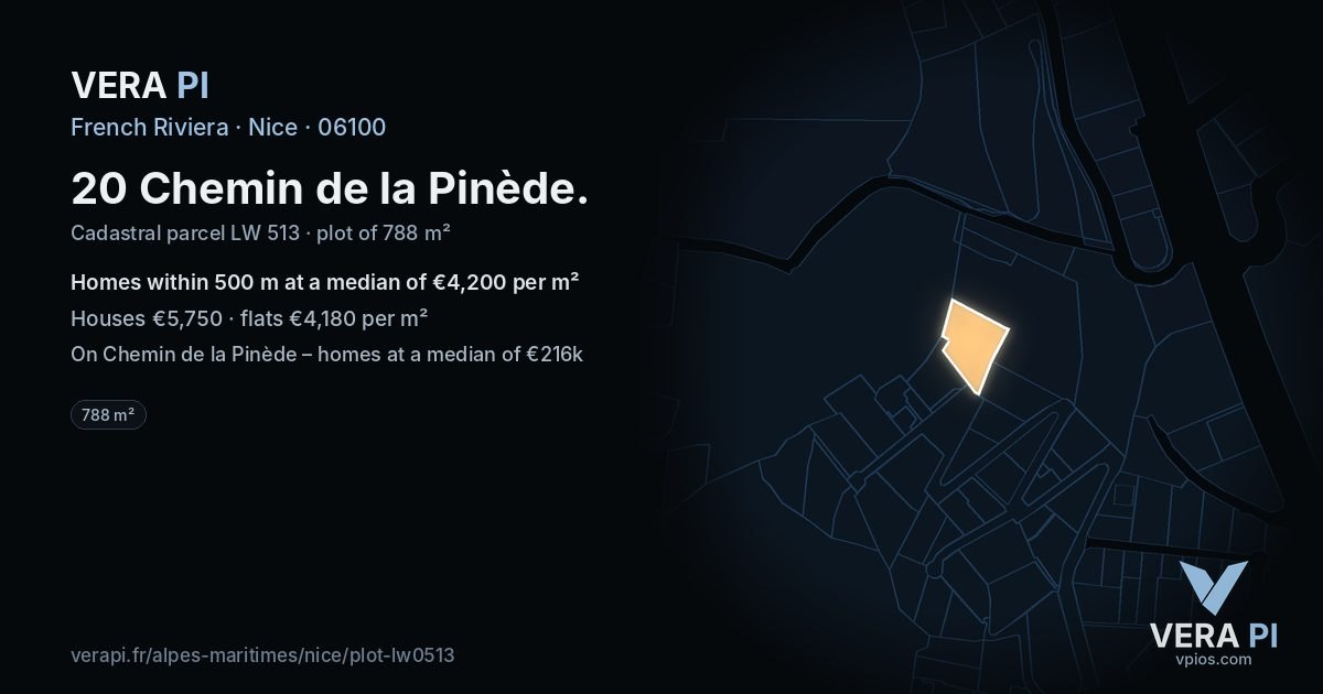 20 Chemin de la Pinède, Nice at night – the plot lit, the parcels around coloured by the prices near them
