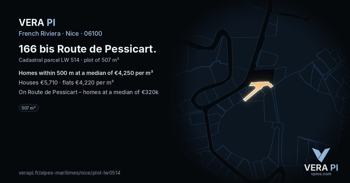 166 bis Route de Pessicart, Nice at night – the plot lit, the parcels around coloured by the prices near them