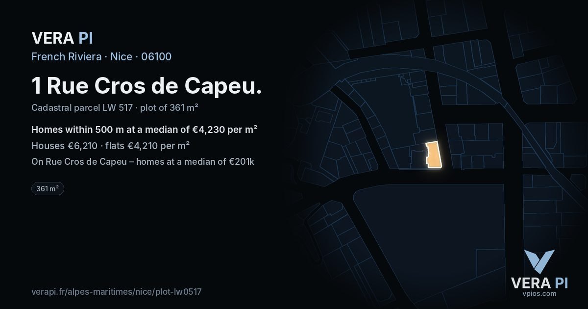 1 Rue Cros de Capeu, Nice at night – the plot lit, the parcels around coloured by the prices near them